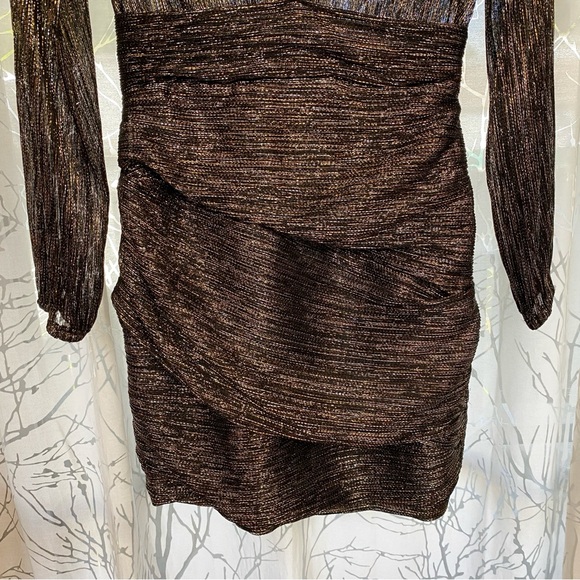 MAJE RUNNY BLACK GOLD SILVER METALLIC V-NECK LONG SLEEVE DRAPE MINI DRESS - Picture 6 of 12